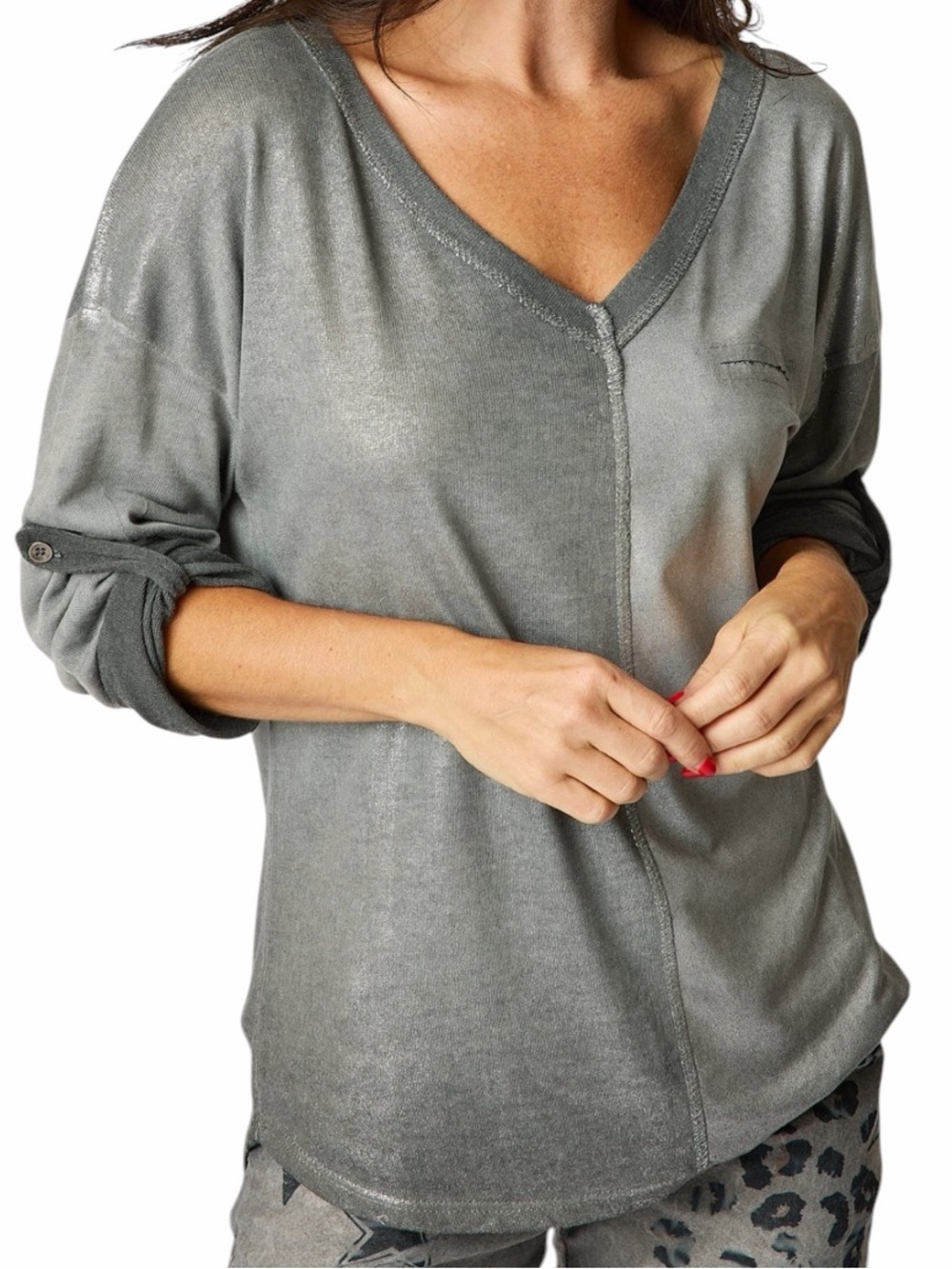 Marisima Italy Grey with Silver Sheen V-neck Convertible Sleeve Knit Top O/S